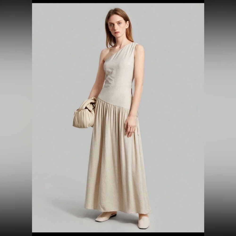 Elegant Khaki Linen One-Shoulder Dress - Picture 7 of 9